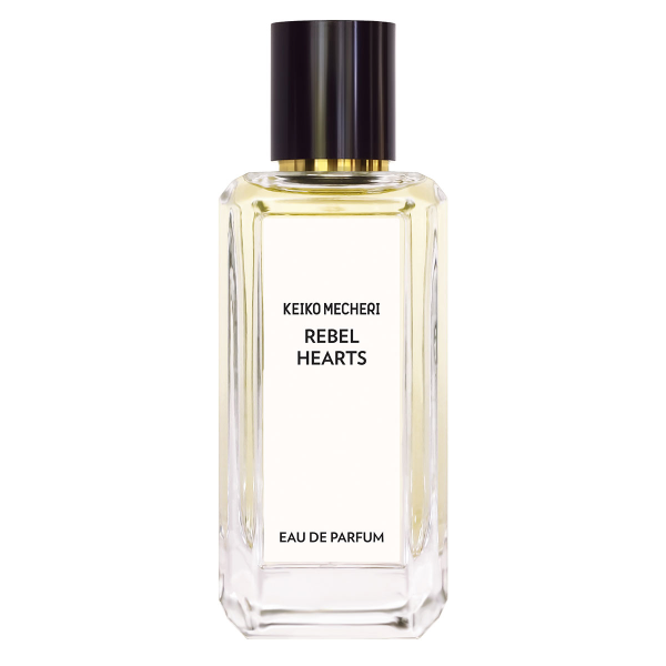 Keiko Mecheri - Rebel Hearts Parfumflakon in klarer, geradliniger Form mit schwarzem Deckel und goldfarbenem Duftschein
