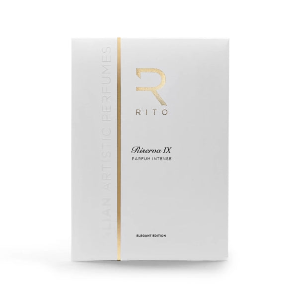 Rito - Riserva IX weiße Verpackung mit goldfarbenem Logo und dezenter goldener Linie in elegantem, puristischem Design