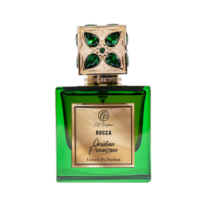 Christian Provenzano - Rocca Parfumflakon in grünem Glas mit verziertem goldfarbenem Deckel und elegantem Etikett