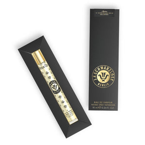 J.F. Schwarzlose Berlin - Rosa Centifolia edler Parfumroller mit goldfarbenem Verschluss und schwarzer Verpackung auf weißem Hintergrund