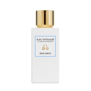 Eau d'Italie - Rosa Greta Parfum in weißem rechteckigem Flakon mit goldenem Verschluss vor weißem Hintergrund