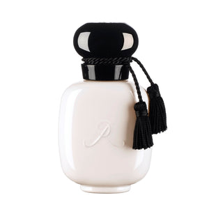 Parfums de Rosine - Rose par Essence eleganter weißer Flakon mit schwarzem Verschluss und dekorativer schwarzer Quaste