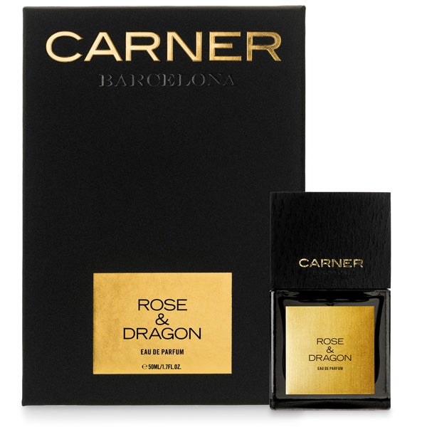 Carner Barcelona - Black Collection - Rose & Dragon Parfumflakon mit goldenem Etikett und schwarzer Verpackung
