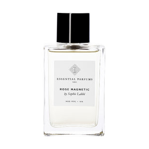 Essential Parfums - Rose Magnetic klarer Flakon mit schwarzem Verschluss vor weißem Hintergrund