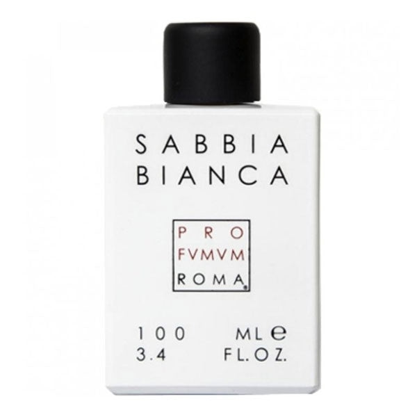 Profumum Roma - Sabbia Bianca Parfumflakon in minimalistischem weißem Design mit schwarzem Verschluss vor weißem Hintergrund