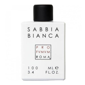 Profumum Roma - Sabbia Bianca Parfumflakon in minimalistischem weißem Design mit schwarzem Verschluss vor weißem Hintergrund