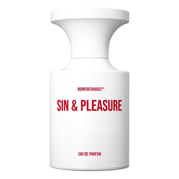 BORNTOSTANDOUT - Sin & Pleasure weißer Flakon mit roter Schrift minimalistisch vor weißem Hintergrund
