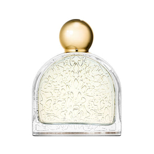 Micallef - Soleil Passion Parfumflakon mit goldfarbenem rundem Verschluss und filigranem Muster auf klarem Glas