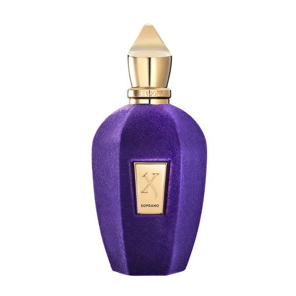Xerjoff - Vibe - Soprano Duftflakon in samtigem Violett mit goldenem Verschluss und elegantem Emblem auf weißem Hintergrund