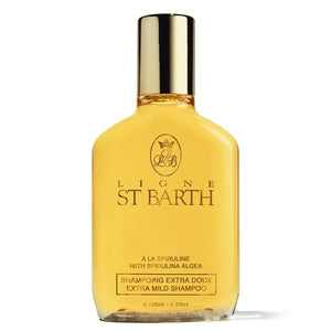Ligne St Barth - Extra Mild Shampoo with Spirulina Algae goldener Flakon mit klarer gelber Flüssigkeit für sanfte Haarpflege