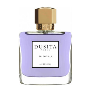Dusita - Splendiris Parfumflakon mit lavendelblauer Flüssigkeit und goldfarbenem Verschluss vor weißem Hintergrund