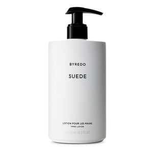 Byredo - Suede - Hand Lotion in schlichter weißer Flasche mit schwarzem Pumpspender für zarte, pflegende Hände