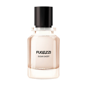 Fugazzi - Sugardaddy Parfumflakon mit hellem, süßem Duft und schwarzem Verschluss vor neutralem Hintergrund