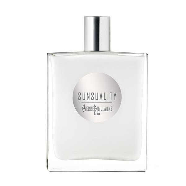 Pierre Guillaume - White Collection - Sunsuality Duftflakon in klarem Glas mit silberfarbenem Verschluss vor weißem Hintergrund