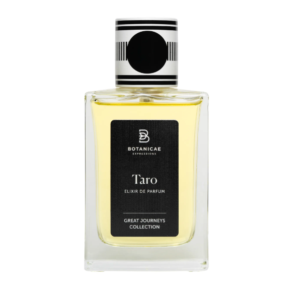 Botanicae - Taro Parfumflakon mit schwarzem Label und schwarz-weißem geometrischem Verschluss vor weißem Hintergrund