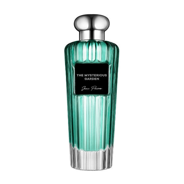 Jean Poivre - The Mysterious Garden Parfumflakon mit grünem gestreiftem Glas und silbernem Verschluss vor weißem Hintergrund