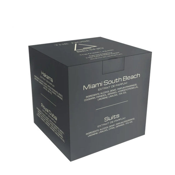 The Nose Behind - Sample Set Verpackung in elegantem Schwarz mit Duftnamen Miami South Beach und Suits auf der Vorderseite