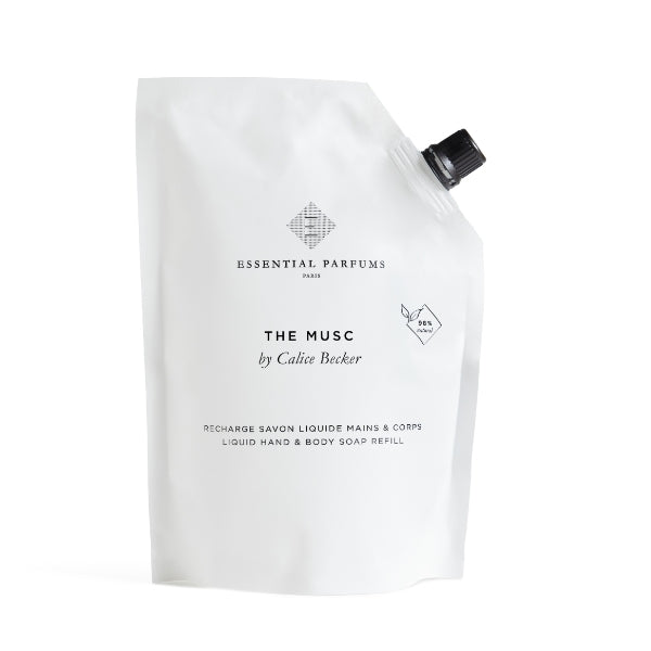 Essential Parfums - The Musc - Liquid Soap Nachfüllbeutel für flüssige Hand- und Körperseife in schlichter weißer Verpackung