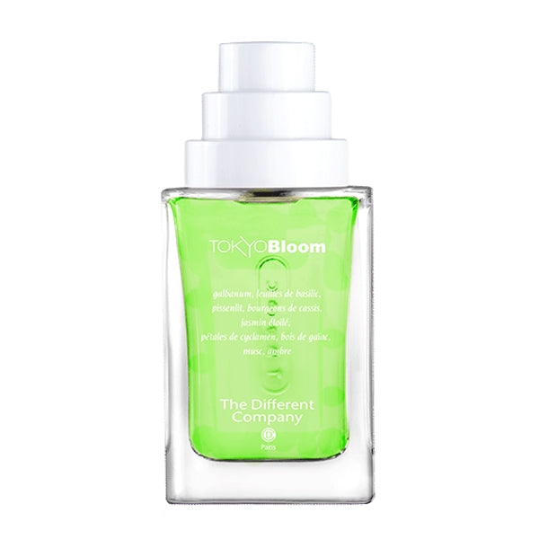 The Different Company - L'Esprit Cologne - Tokyo Bloom Flakon mit grünem Inhalt und weißem Verschluss vor weißem Hintergrund