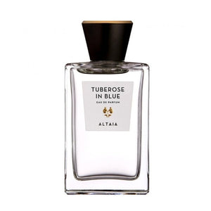 Altaia - Tuberose in Blue Parfumflakon klar mit schwarzem Verschluss auf weißem Hintergrund minimalistisches Design