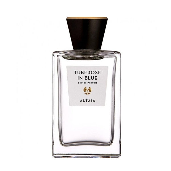 Altaia - Tuberose in Blue Parfumflakon klar mit schwarzem Verschluss auf weißem Hintergrund minimalistisches Design