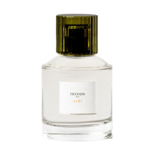 Trudon - VIXI zeigt schlichten, klaren Flakon mit dunkelgrünem Verschluss und weißem Etikett in elegantem Design