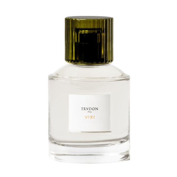 Trudon - VIXI zeigt schlichten, klaren Flakon mit dunkelgrünem Verschluss und weißem Etikett in elegantem Design