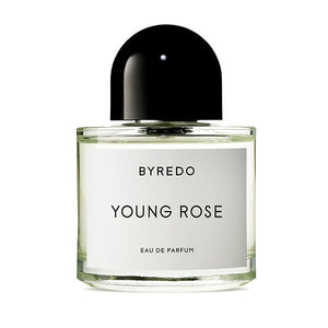 Byredo - Young Rose runder Glasflakon mit schwarzem halbrundem Verschluss und minimalistischem weißen Etikett
